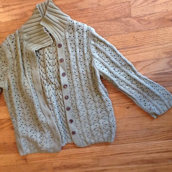 Light Green Crocheted Cardigan with Wooden Style Buttons - Picture 4 of 4